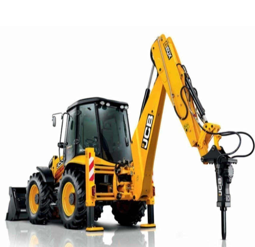 JCB backhoe loader fitted with a hydraulic rock breaker
